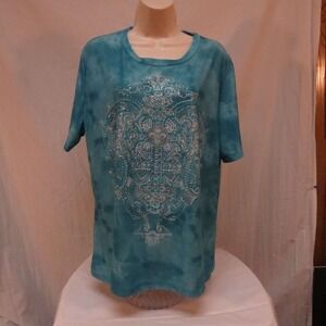 Lady Noiz T Shirt Teal Tie Dye Rhinestone Cross Embellished Top Size XL